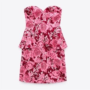 NEW Zara Pink Red Applique Strapless FLORAL JACQUARD DRESS Blogger Fav